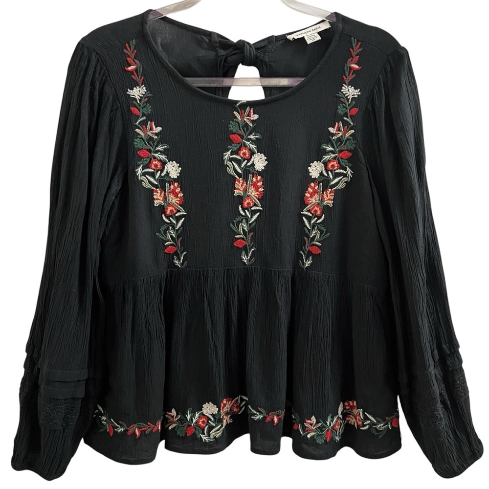 AMERICAN EAGLE TOP, Sml, Black Long Sleeve Boho Peasant Top w/ Floral Embroidery